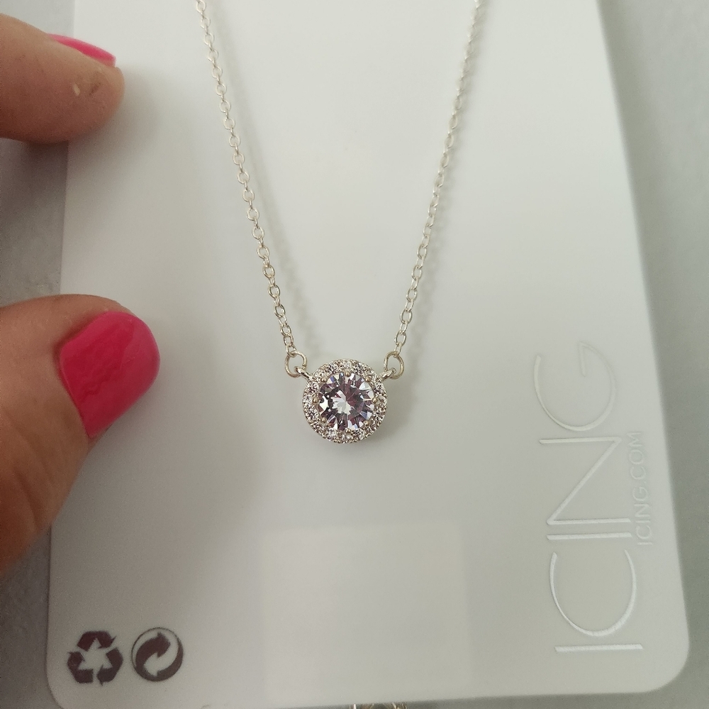 Silver Round Halo Cubic Zirconia Pendant Necklace NWT